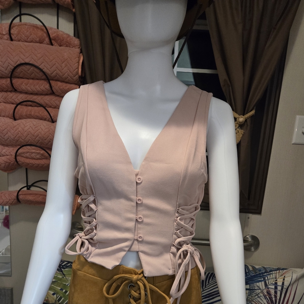 New!  Women's Lace Up Buckled Vest